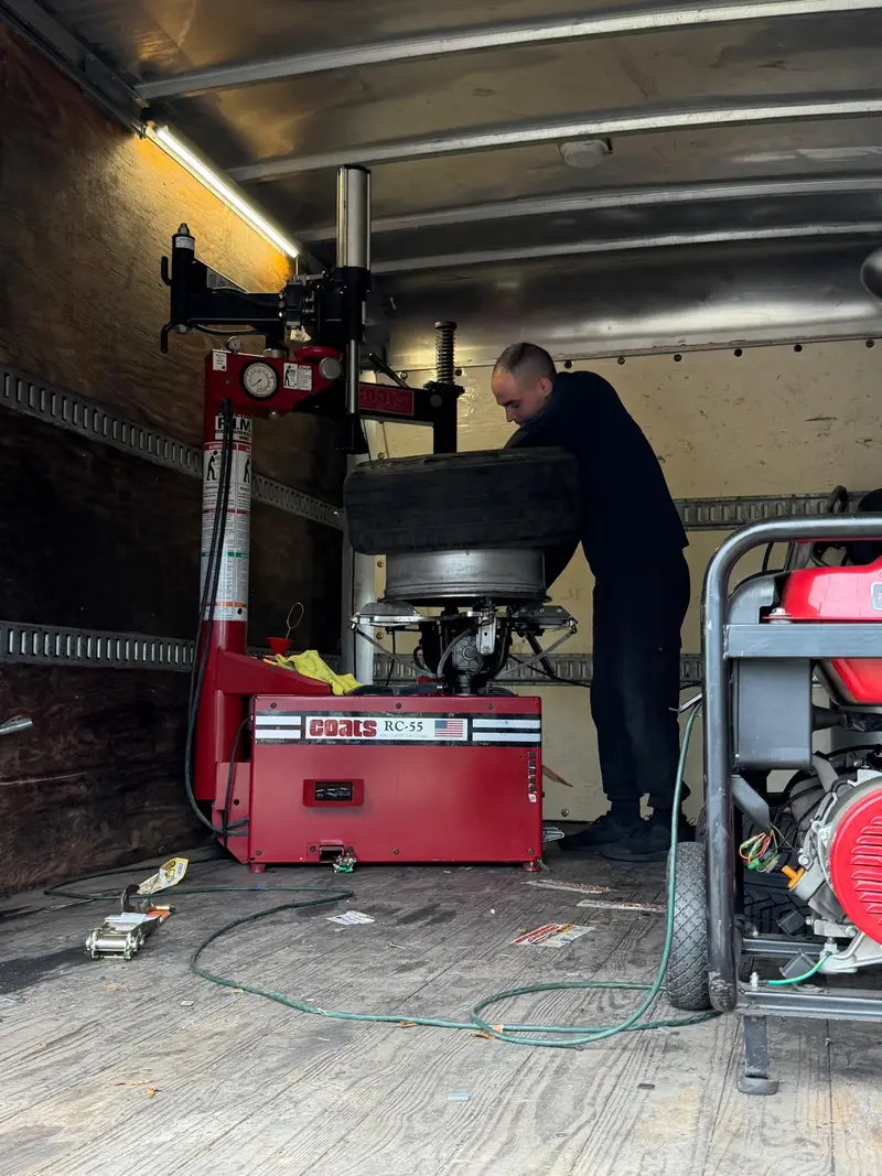 Inside the van: a full tire changer and generator ride along